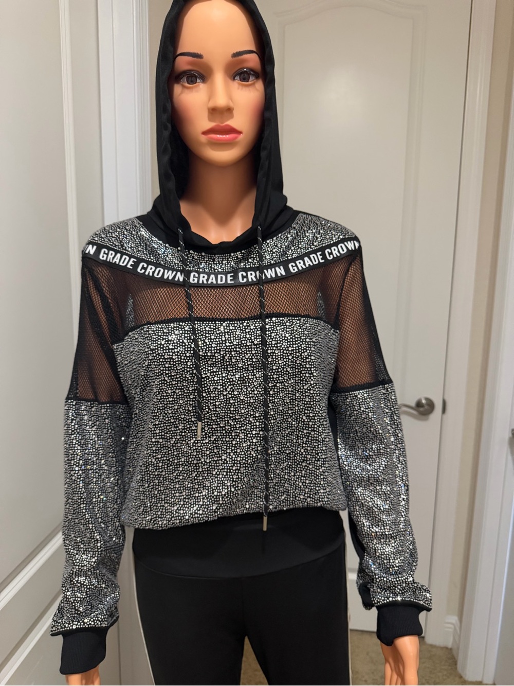 Lizette Collection Black Rhinestone Mesh Hoodie Size M NWT
